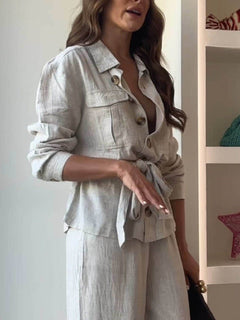 Classic Linen Elastic Waist Pocket Loose Wide Leg Pants