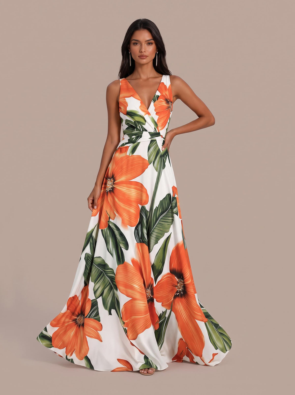 Elegant Floral Print Classic V Neck Sleeveless A-Line Maxi Dress