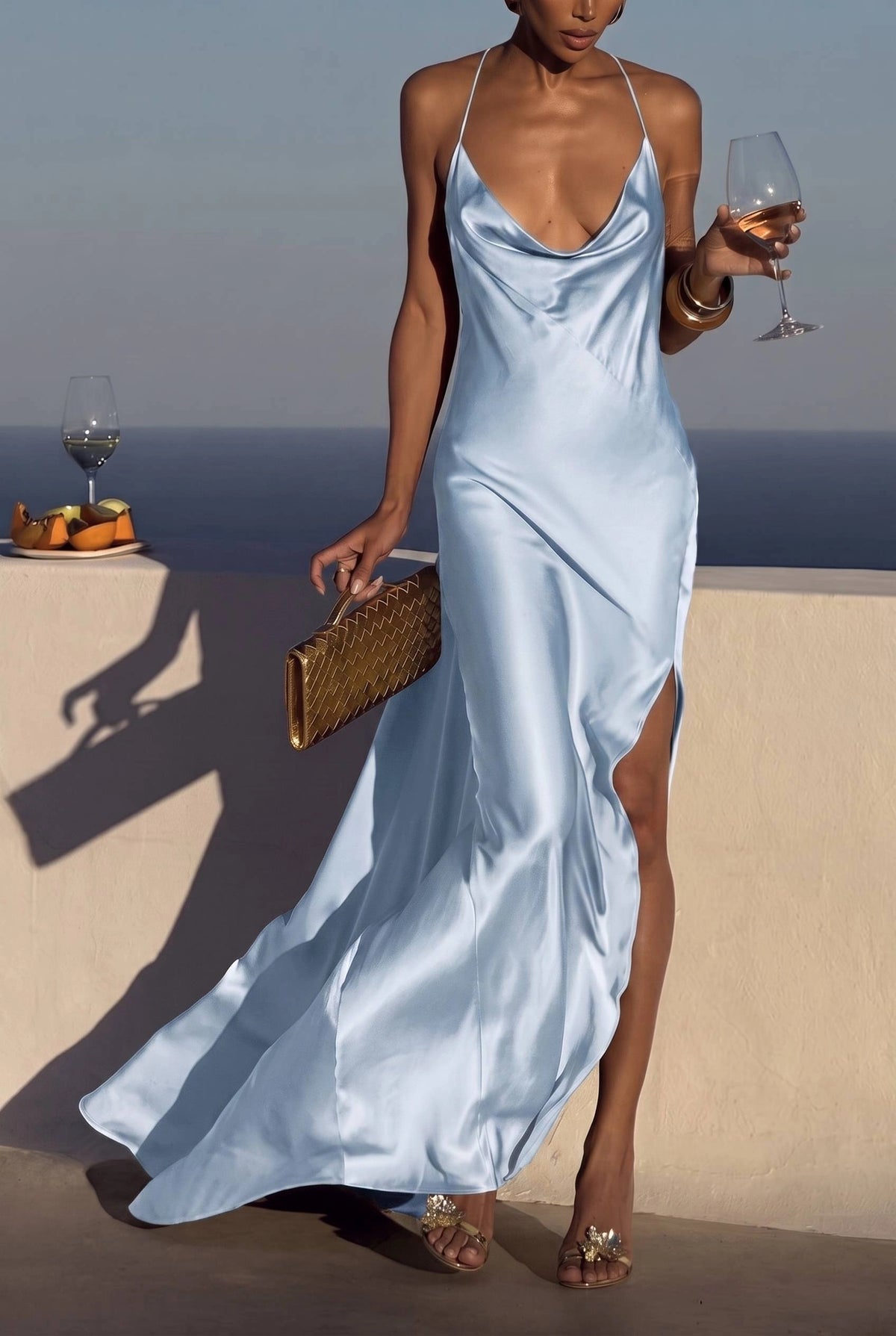 Elegant Satin Draped Backless Maxi Dress