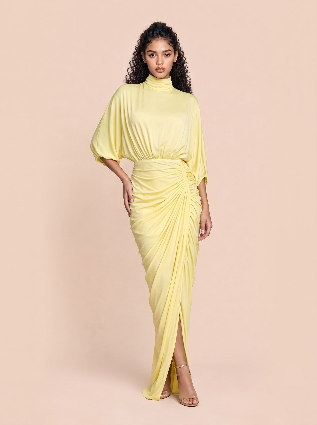 Elegant High-neck Half-sleeve Pleated Maxi Dress