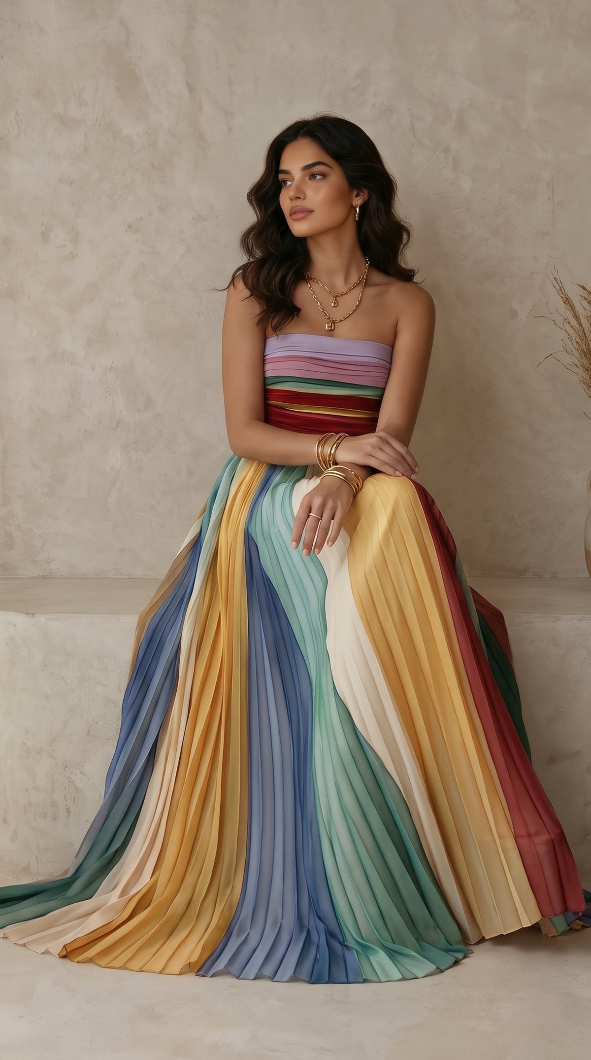 Elegant Striped Printed Off-shoulder Pleated Bandeau Maxi Dress