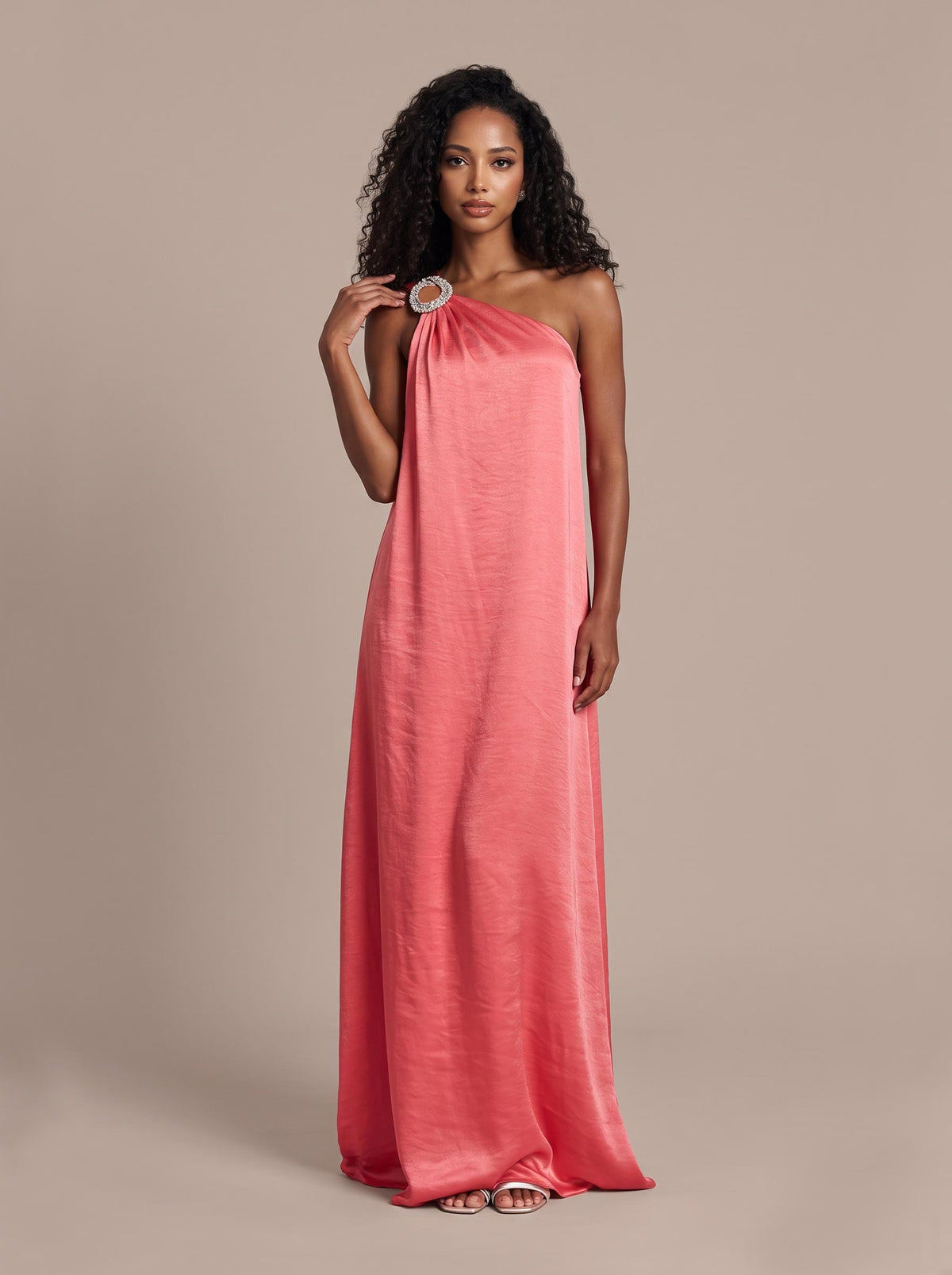 Exquisite Charming Glance Satin Metal Hardware One Shoulder Loose Maxi Dress