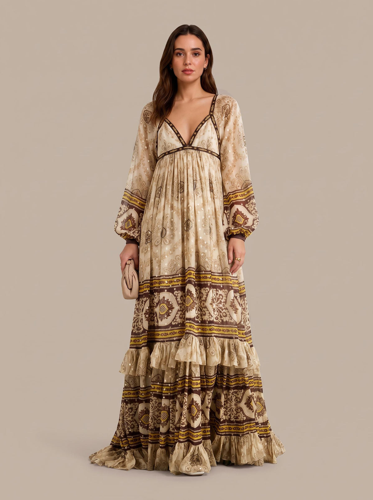 Exquisite Enchanted Garden Floral Print Jacquard Chiffon Blend Multi-Layered Gown Dress