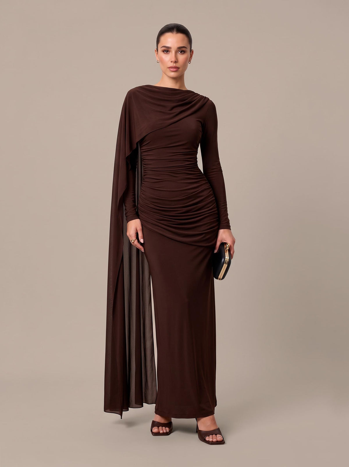 Irregular Shawl Ribbon Pleated Maxi Dress