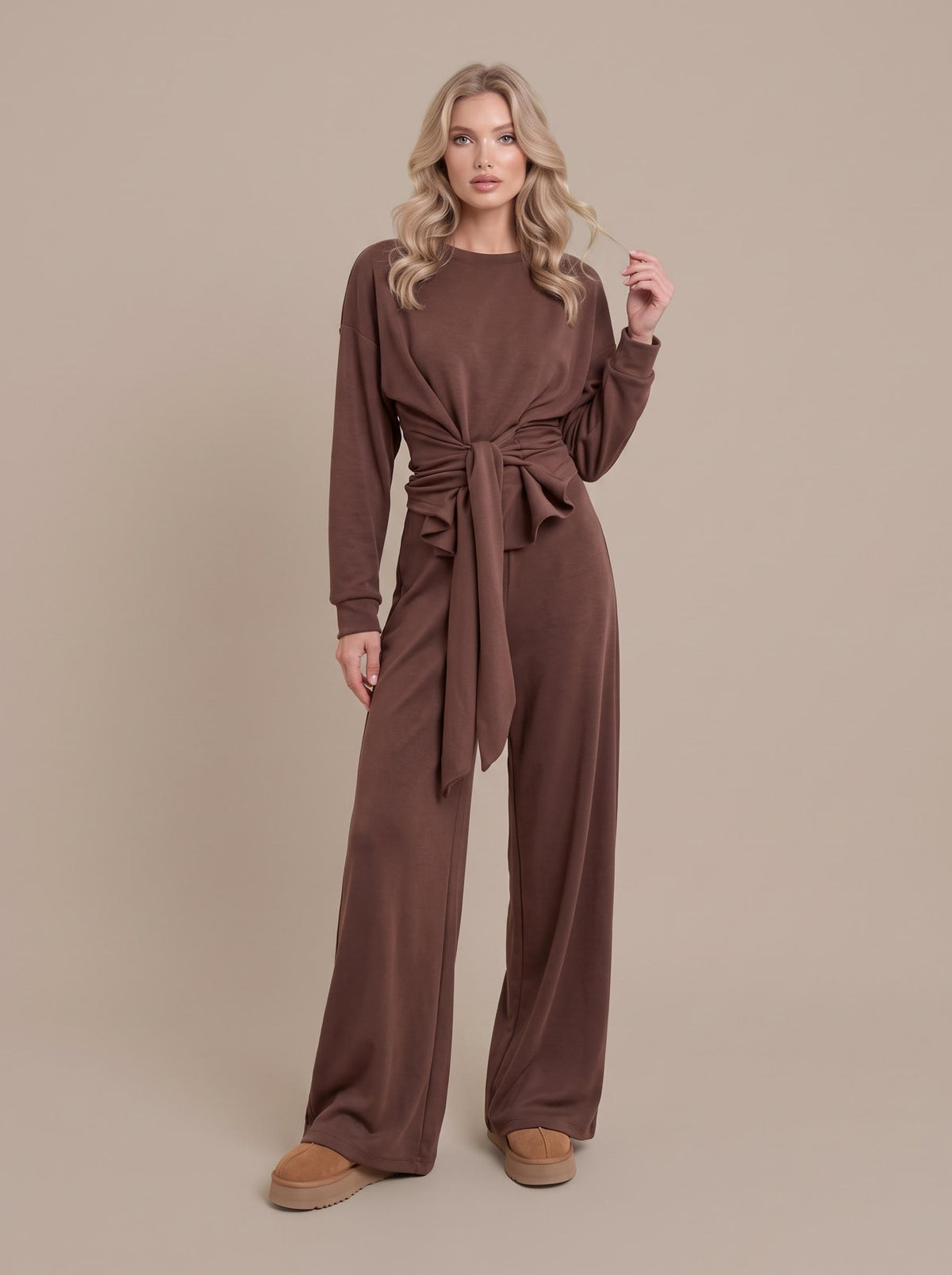 Lace-Up Design Pullover And Wide Leg Pants Suit