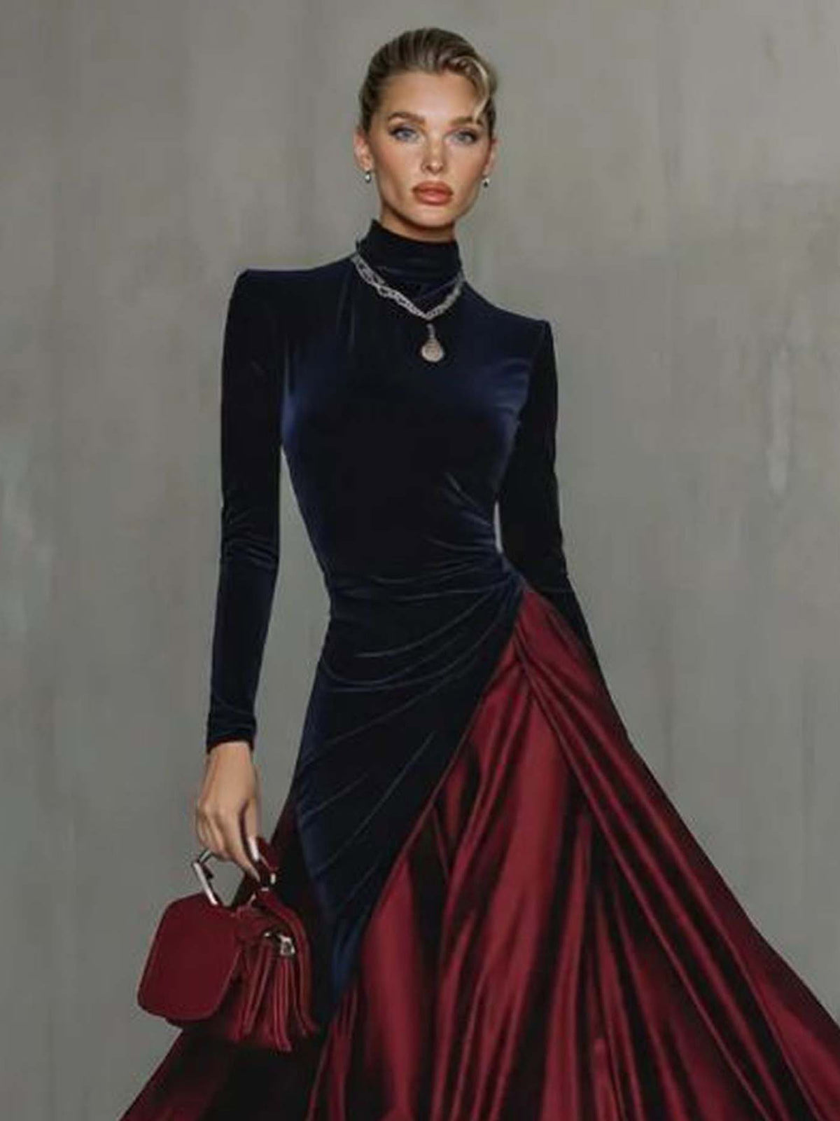 Elegant Velvet Satin Color-blocked Maxi Dress