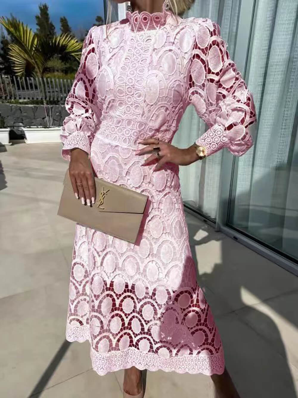 French Lace High-Neck Puff Sleeve Waist-Cinching Midi Dress