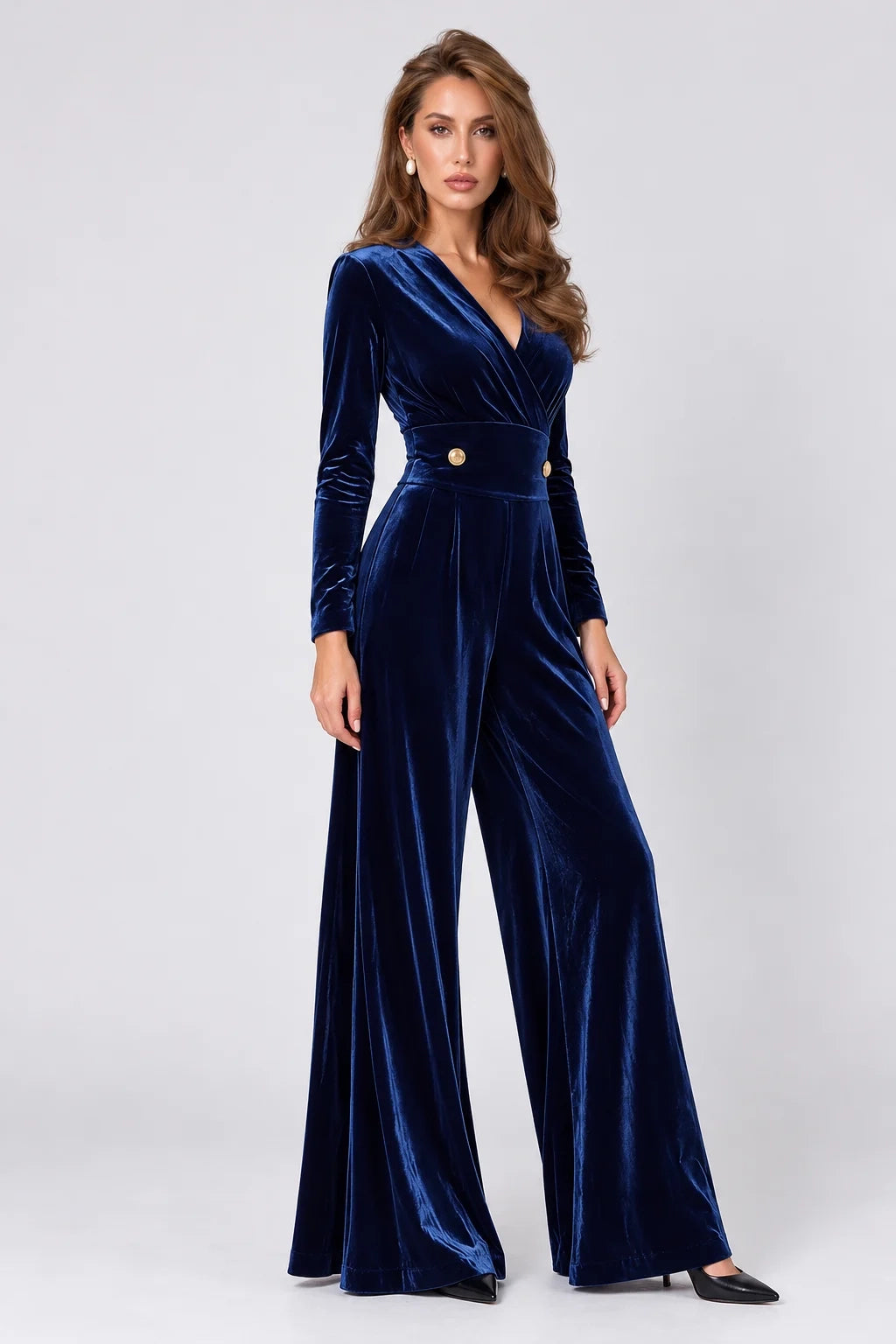 Navy Blue Velvet Wrap V-Neck Wide Leg Long Sleeve Jumpsuit