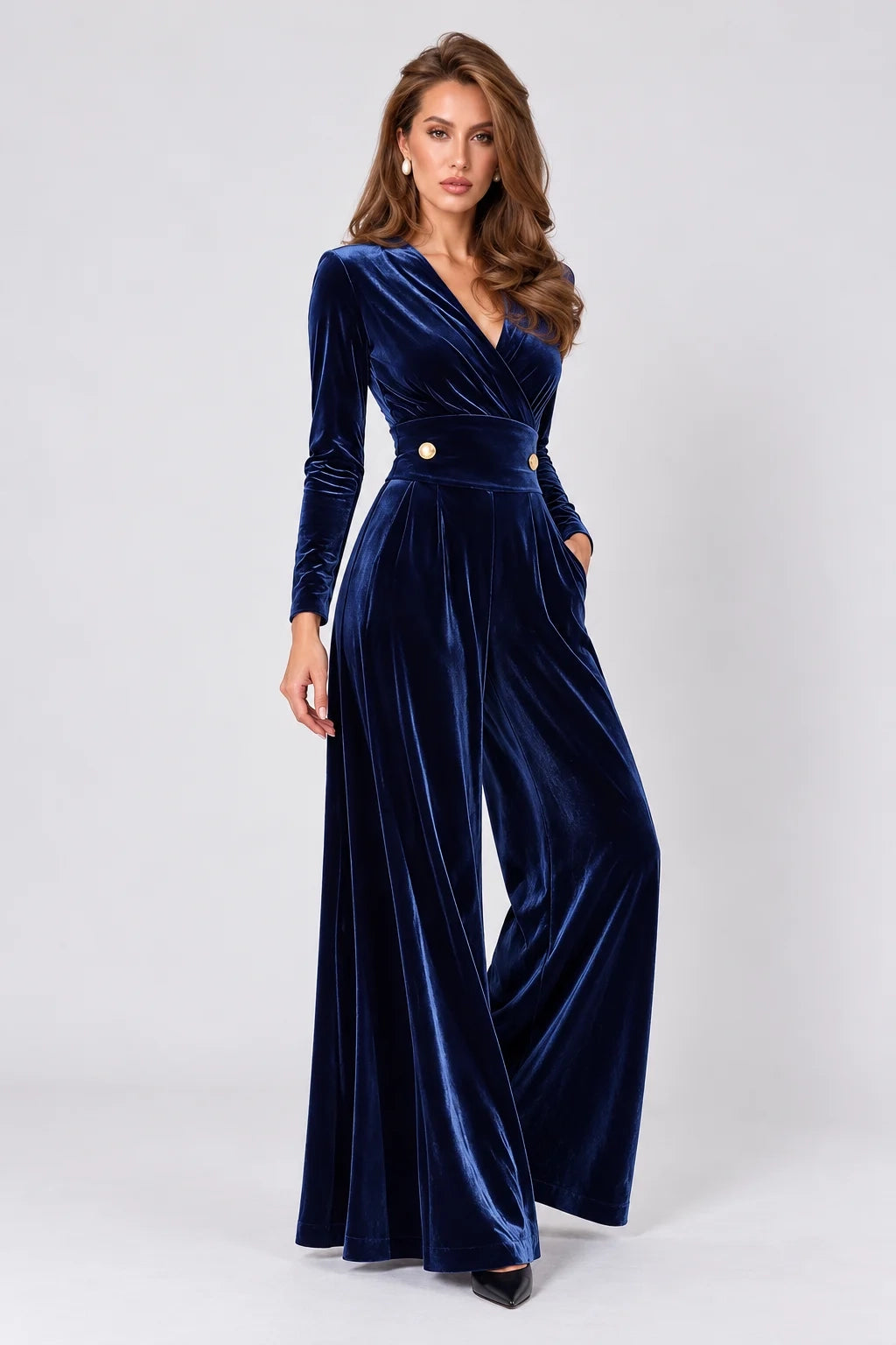 Navy Blue Velvet Wrap V-Neck Wide Leg Long Sleeve Jumpsuit