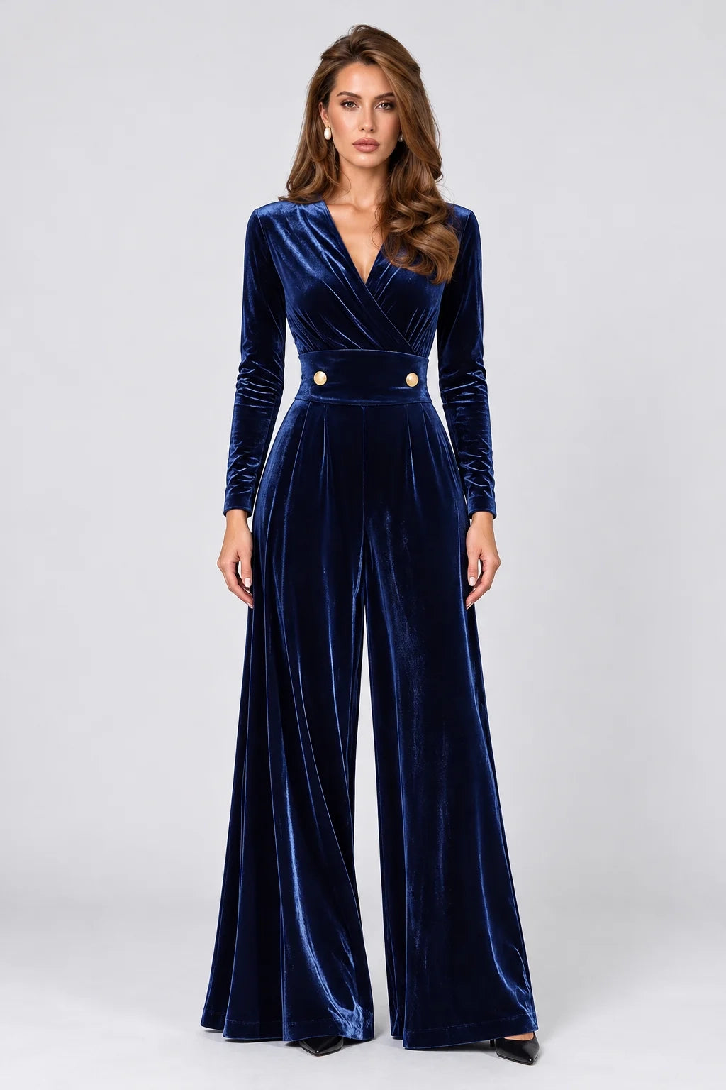 Navy Blue Velvet Wrap V-Neck Wide Leg Long Sleeve Jumpsuit