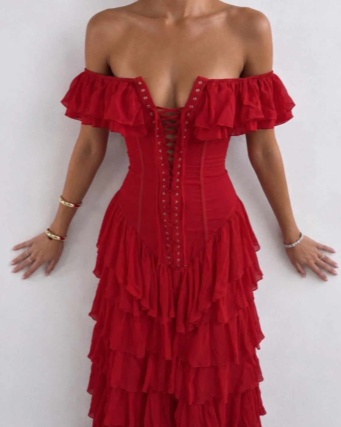 Off-Shoulder Corset Lace-Up Tiered Ruffle Slit Maxi Dress