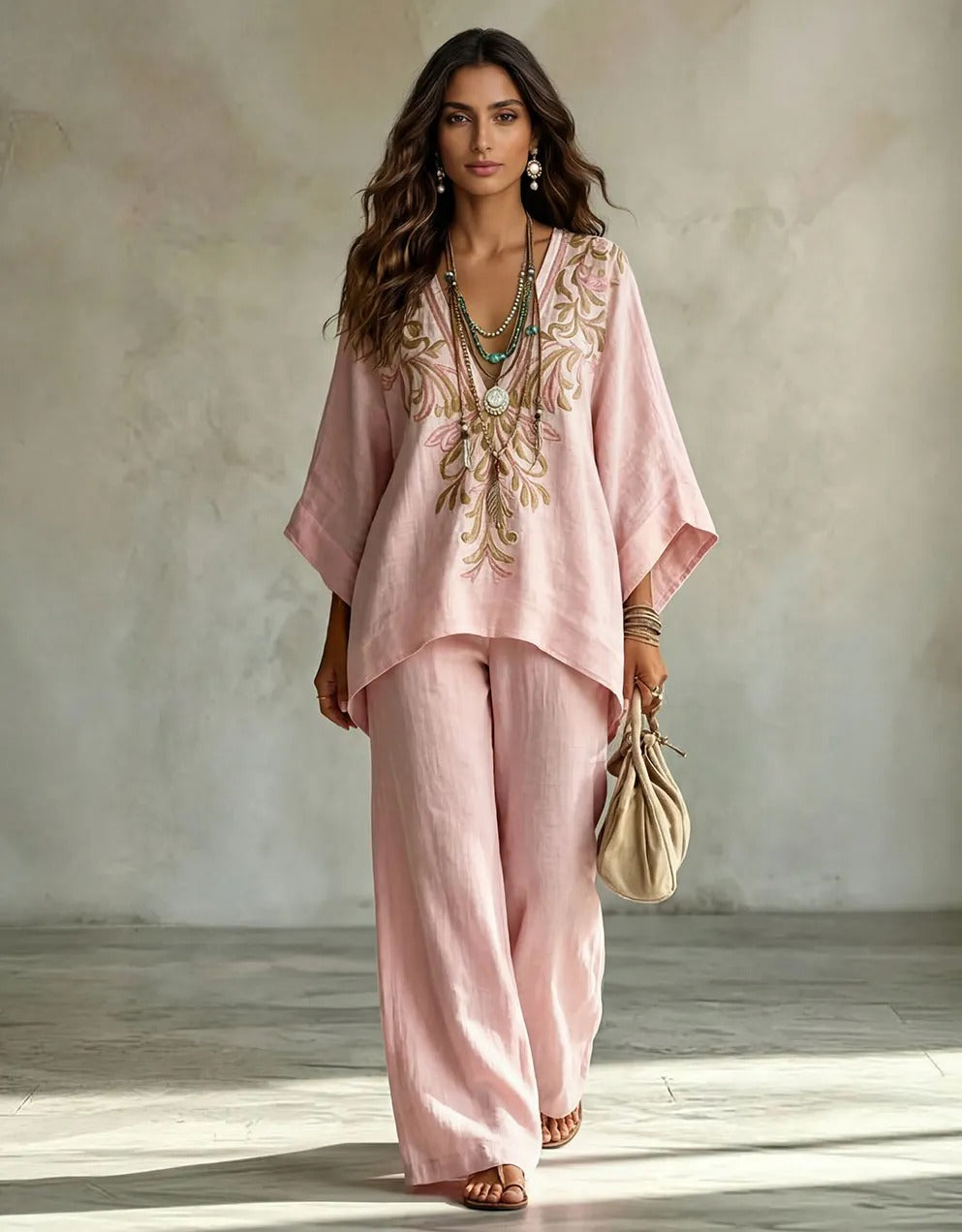Casual Embroidered V-Neck Batwing Sleeve Shirt Two-Piece Set