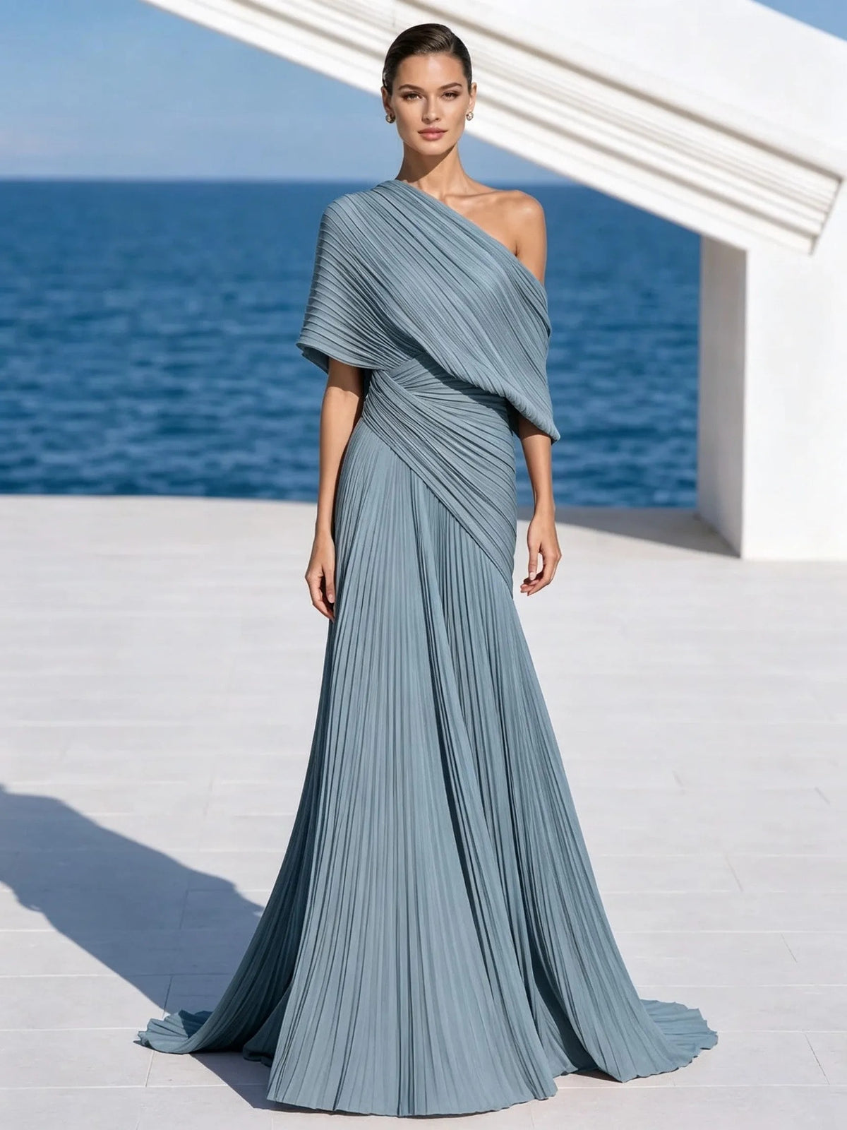 Vibrant Orange One-Shoulder Pleated Maxi Dress – Grecian Gown