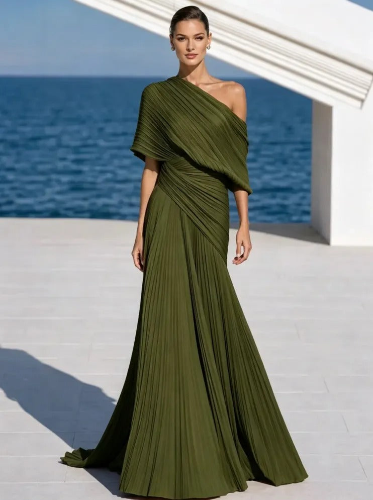 Vibrant Orange One-Shoulder Pleated Maxi Dress – Grecian Gown