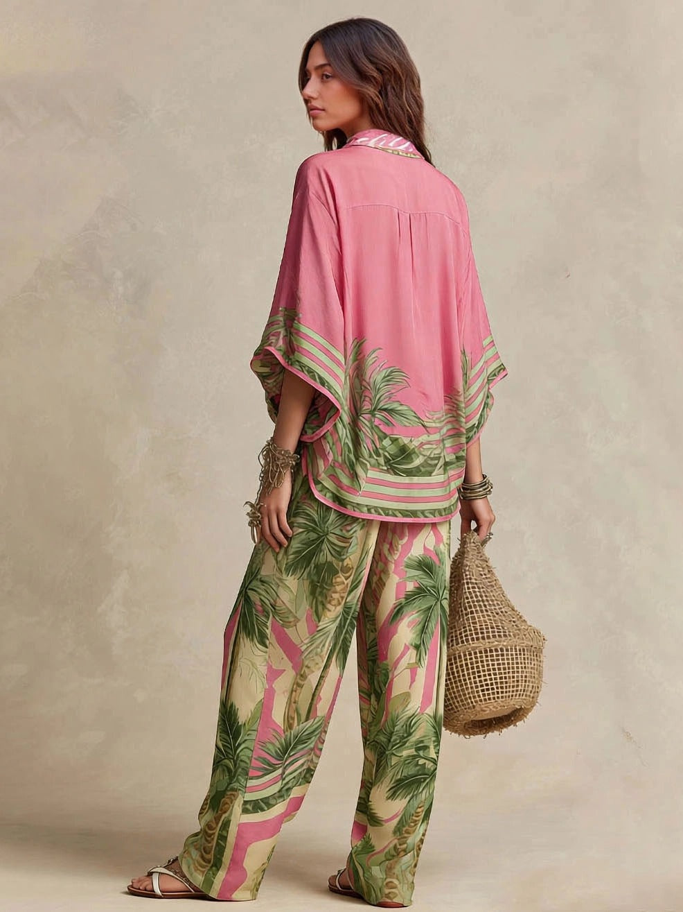 Bohemian Tropical Print Flowy Top & Wide-Leg Pants Two-Piece Set