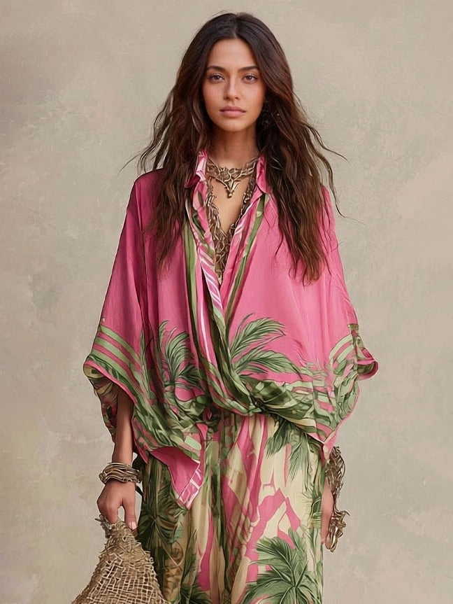 Bohemian Tropical Print Flowy Top & Wide-Leg Pants Two-Piece Set