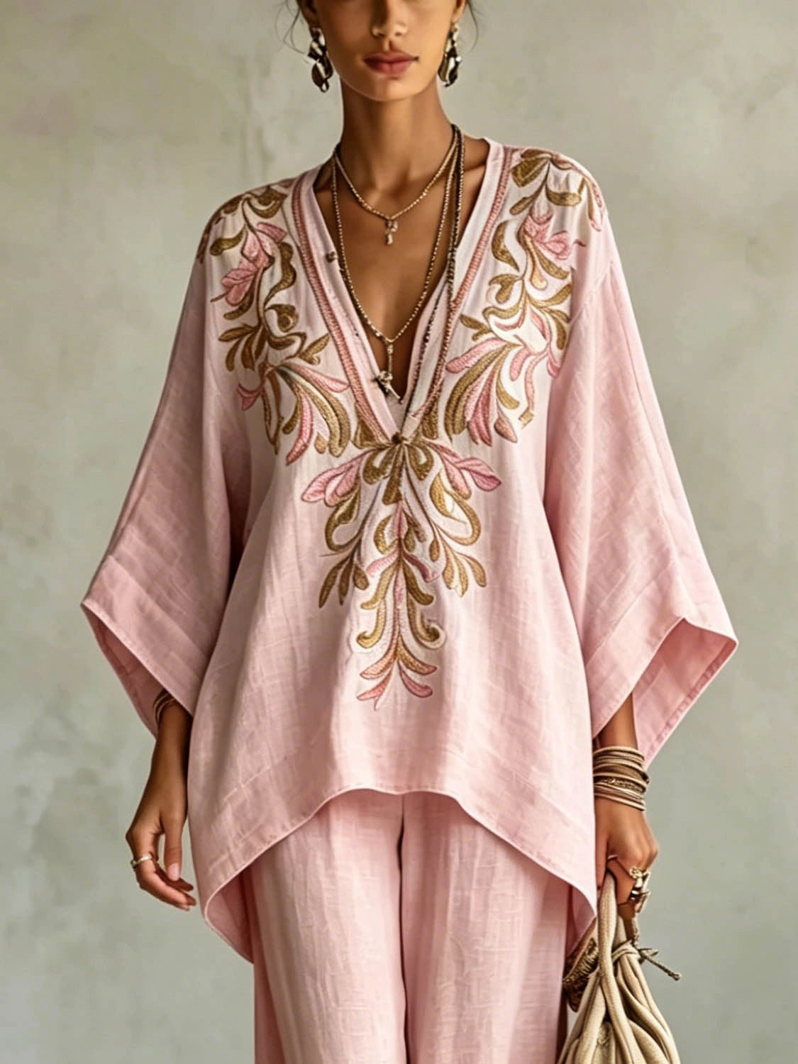 Casual Embroidered V-Neck Batwing Sleeve Shirt Two-Piece Set