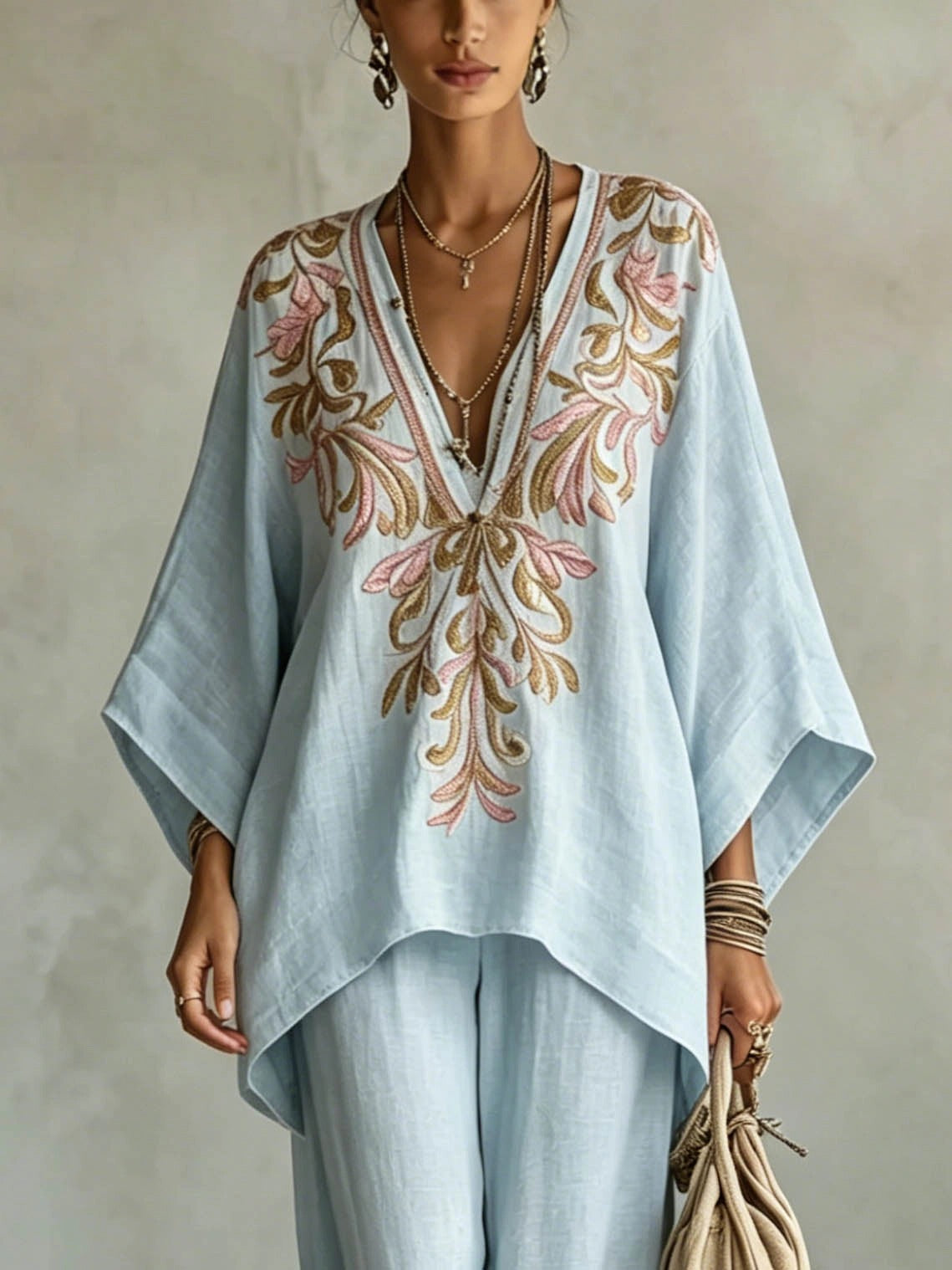 Casual Embroidered V-Neck Batwing Sleeve Shirt Two-Piece Set