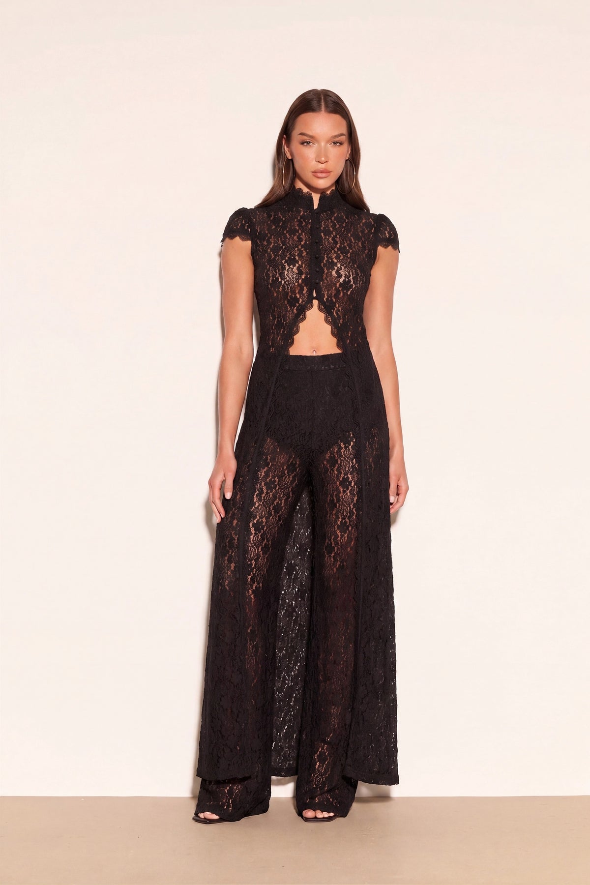 Black Lace Hollow Two-Piece Set-High Neck Bubble Sleeve Top