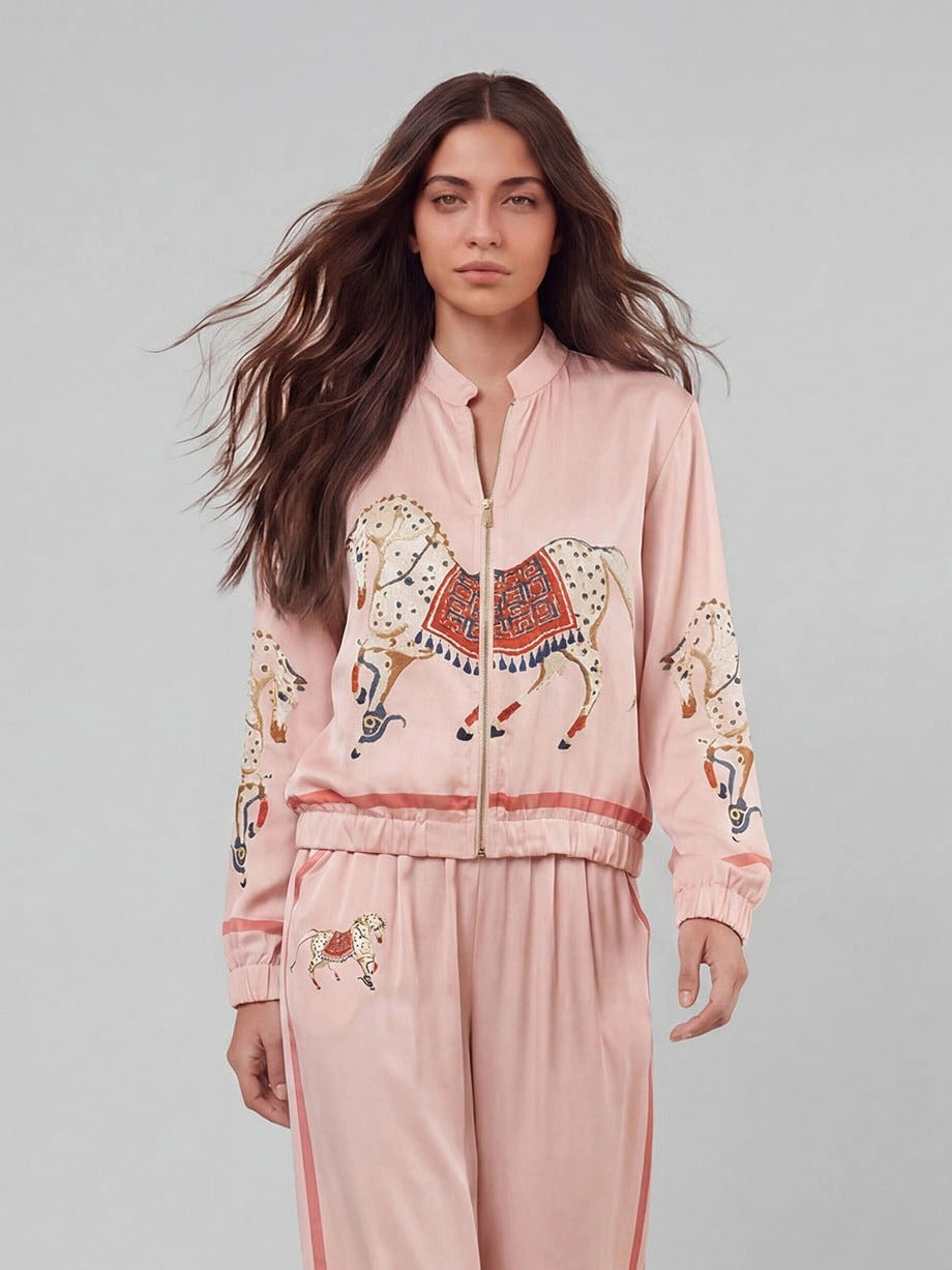 Exquisite Satin Horse Print Zip Jacket & Wide-Leg Pants Two-Piece Set