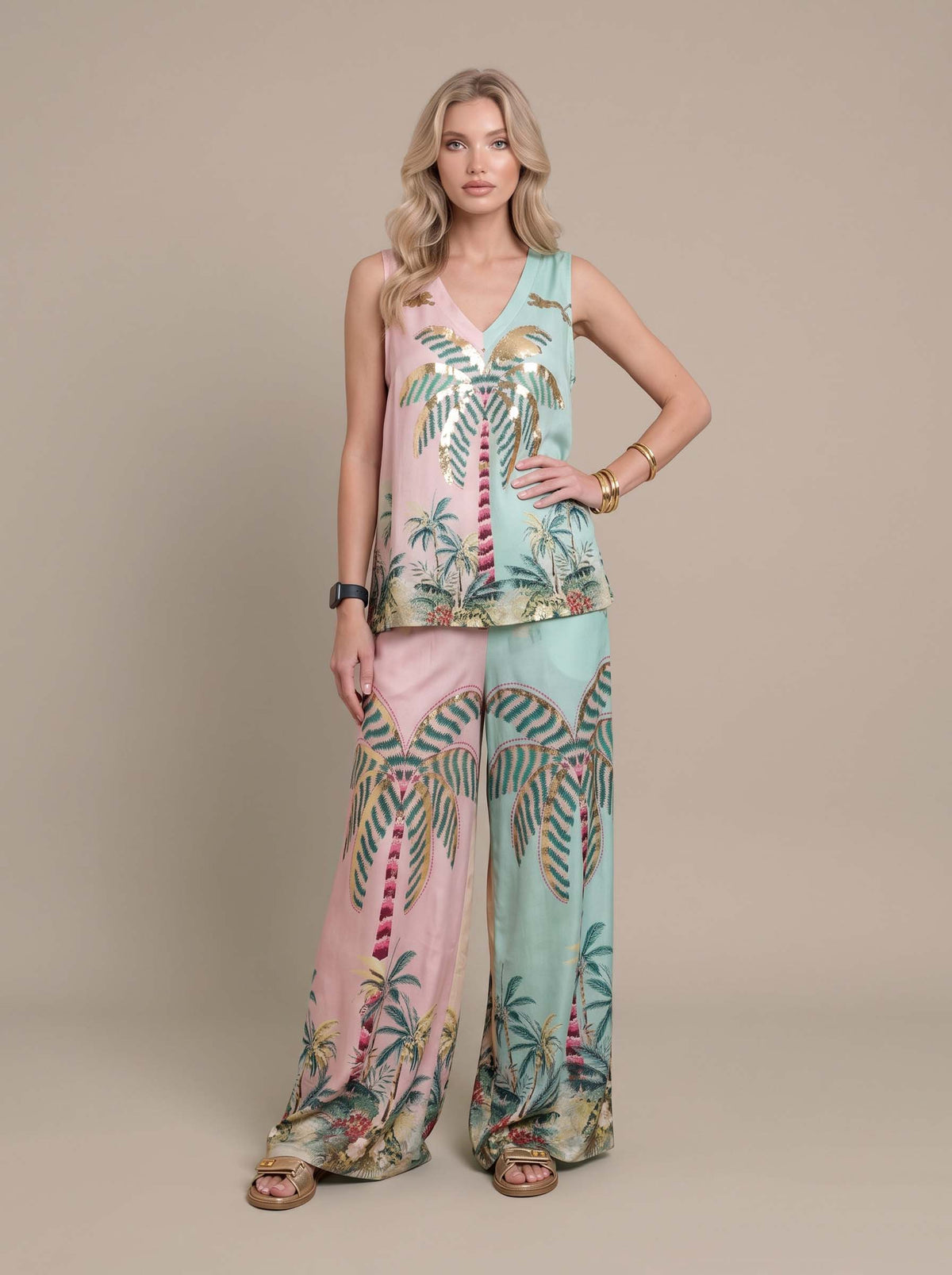 Unique Palm Tree Print Elastic Waist Loose Wide-Leg Pants