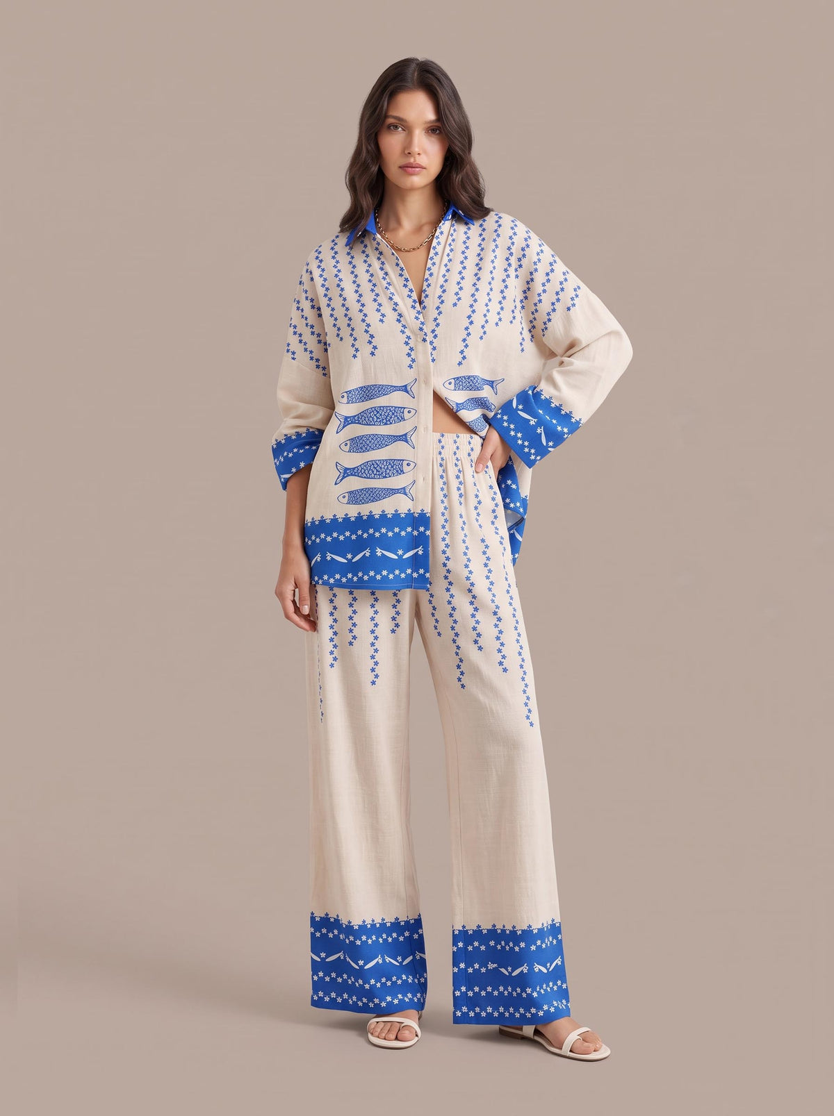Unique Ocean Print Oversized Shirt and Elastic Waist Pocket Pants Set