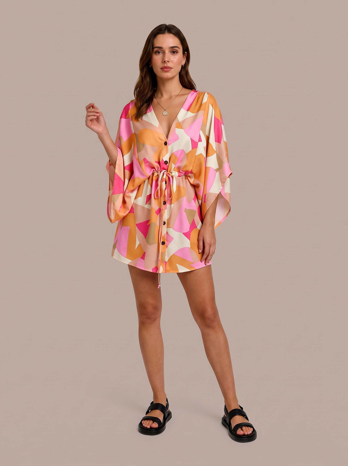 V-Neck Tie Printed Batwing Sleeve Dress