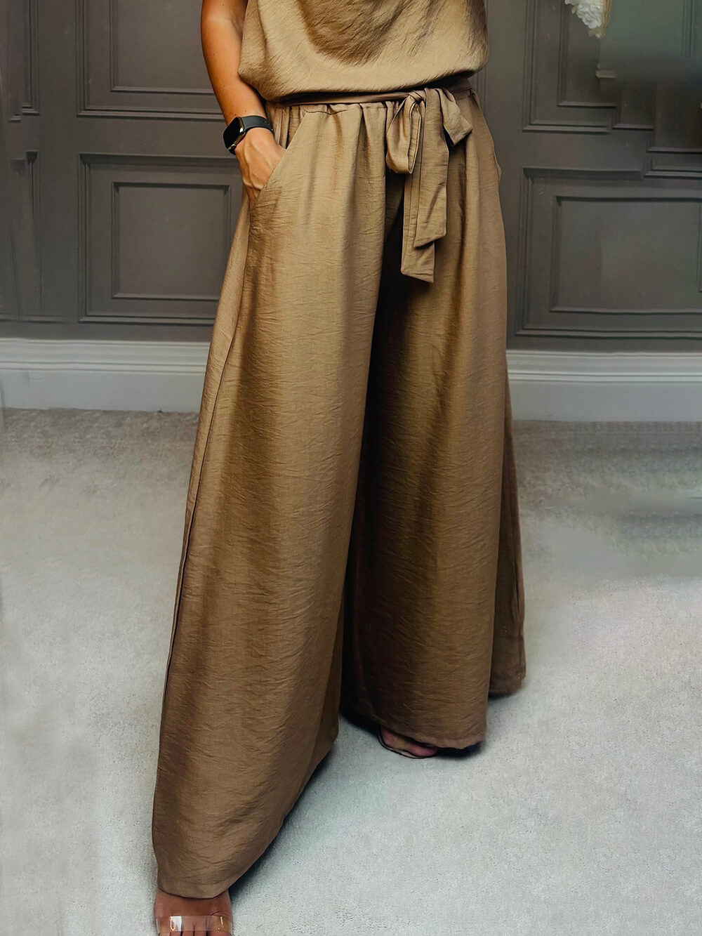Delicate Drape Tie-Elastic Waist Pocket Wide-Leg Pants