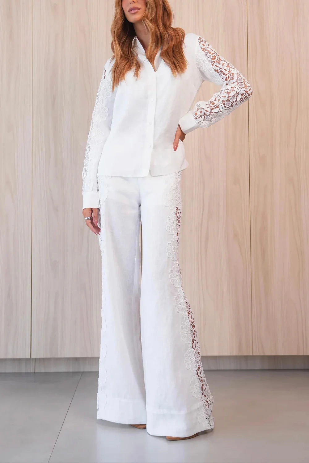 White Lace Panel Long Sleeve Shirt and Wide Leg Pants Two Piece Set