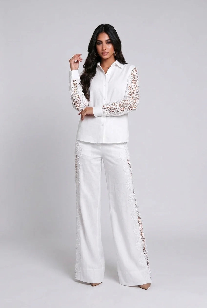 White Lace Panel Long Sleeve Shirt and Wide Leg Pants Two Piece Set