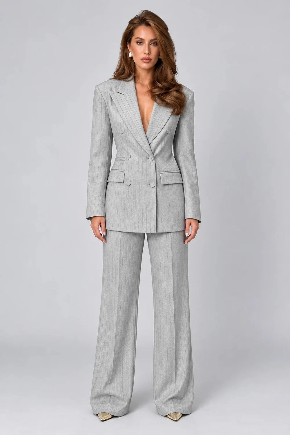 Grey Pinstripe Double-Breasted Blazer and Wide-Leg Pants Two-Piece Suit Set