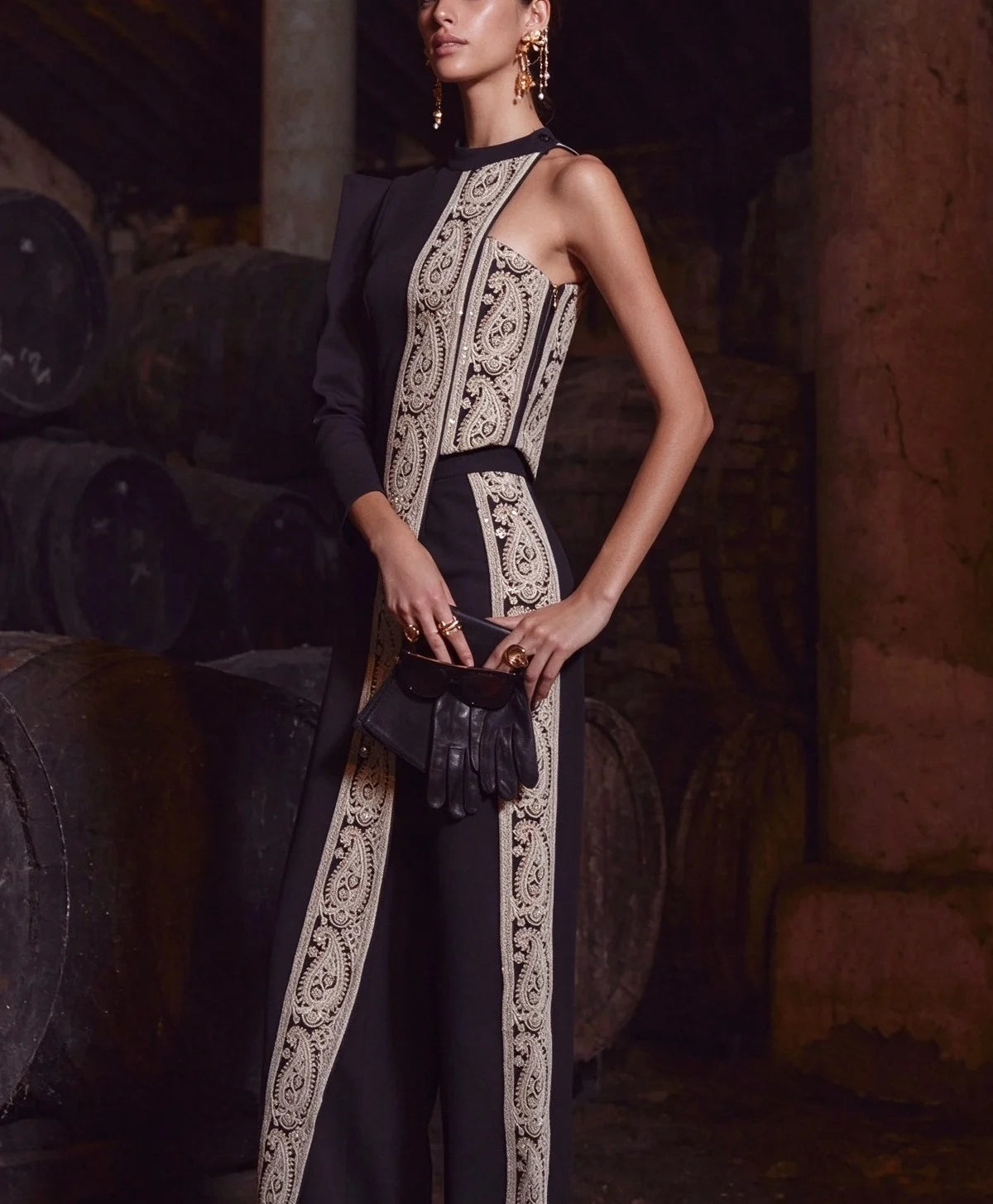 Women's One Shoulder Paisley Embroidered Asymmetrical Top and Trousers Two Piece Set