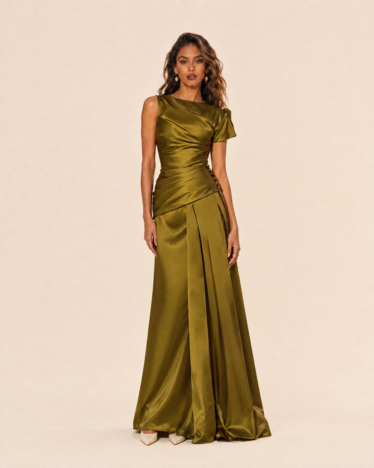 Olive Green Satin Ruched Maxi Dress Short Sleeve Formal Gown