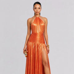 Elegant Metallic Pleated Halter Neck Maxi Dress