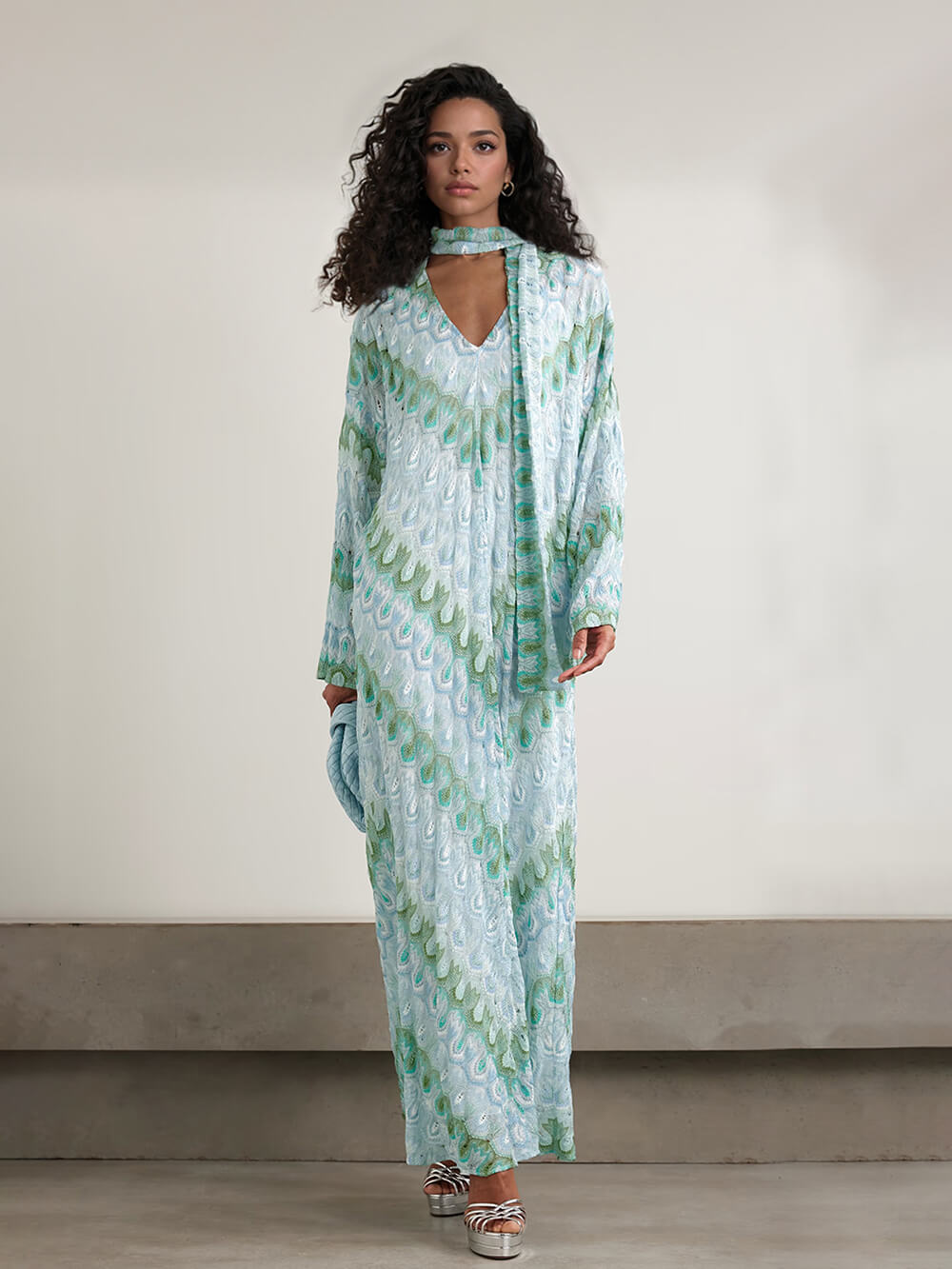 Boho Peacock Print Tie-Detail Striped Metallic Crochet Maxi Dress