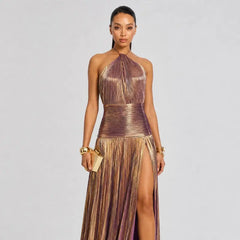 Elegant Metallic Pleated Halter Neck Maxi Dress