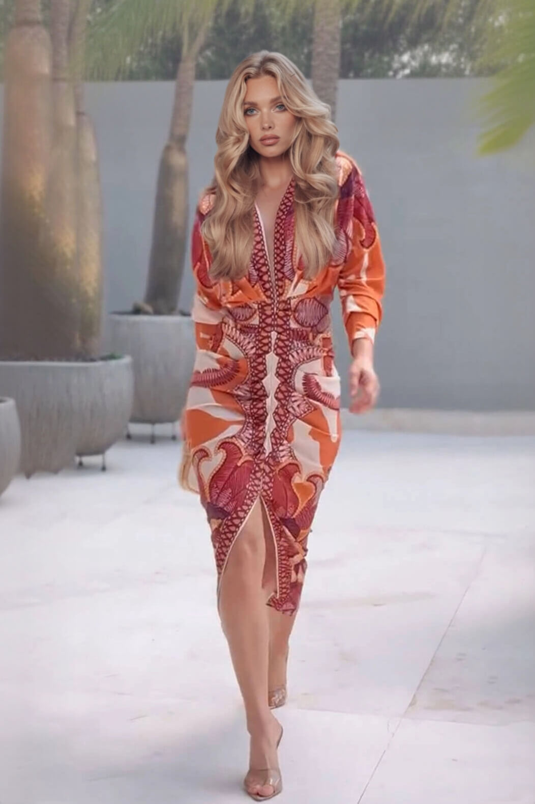 Elegant Floral Print Sexy V-Neck Long Sleeve Slit Dress
