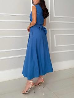 Unique Shirt Style Single-breasted Tie Midi Dress