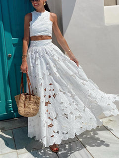 Elegant Hollow Floral Lace Maxi Skirt
