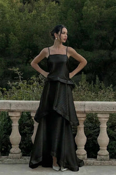 Elegant Three-layer Ruffle Sling Maxi Dress