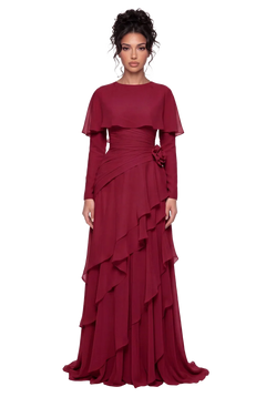 Pink Chiffon Cape Sleeve Tiered Ruffle Ruched Waist Maxi Evening Dress [erp-image:14a32fed76ad9edeba02c7dc]