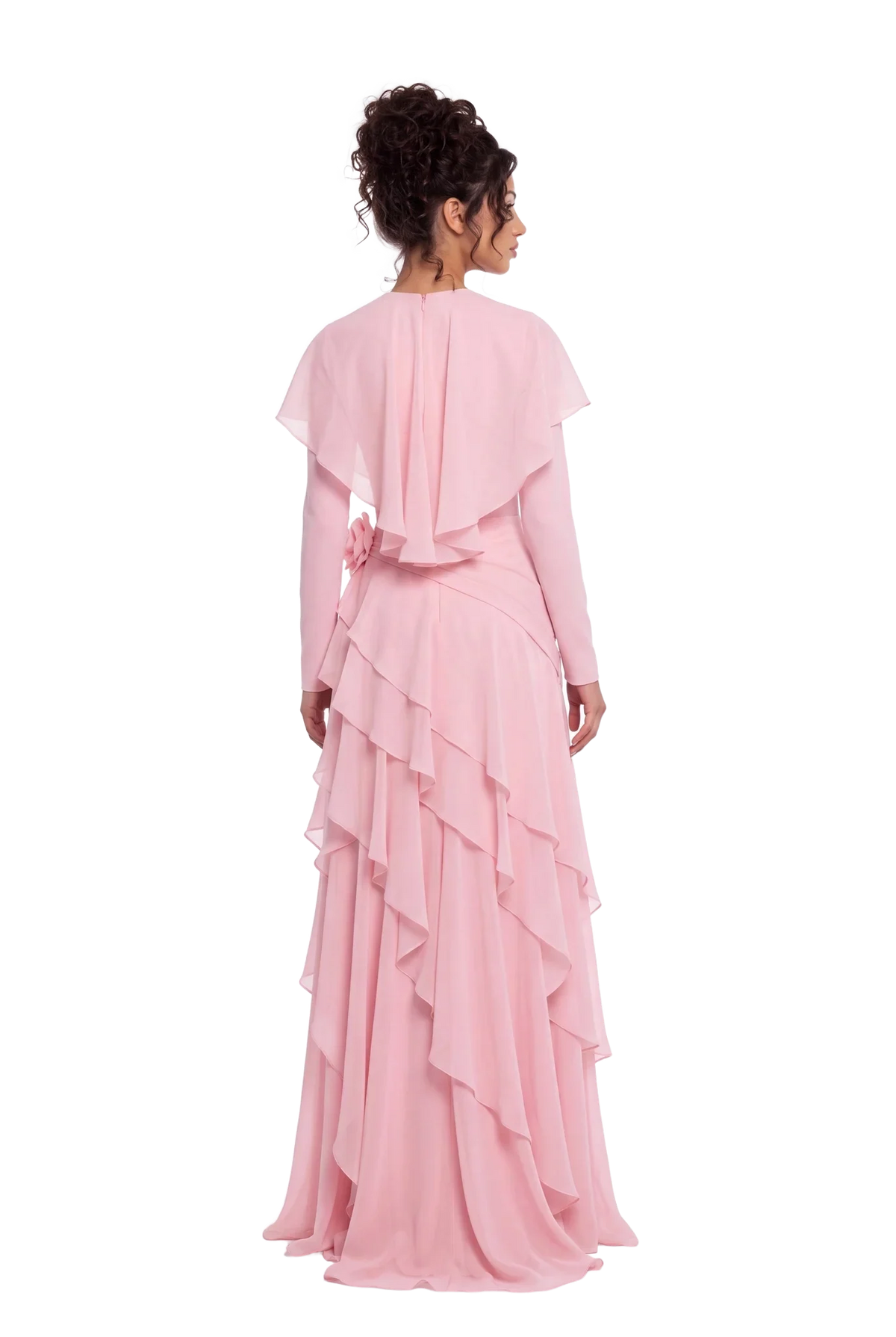 Pink Chiffon Cape Sleeve Tiered Ruffle Ruched Waist Maxi Evening Dress [erp-image:aa1b30d10e26feff244d2af0]