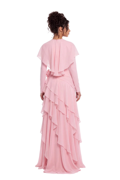 Pink Chiffon Cape Sleeve Tiered Ruffle Ruched Waist Maxi Evening Dress [erp-image:aa1b30d10e26feff244d2af0]