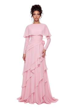Pink Chiffon Cape Sleeve Tiered Ruffle Ruched Waist Maxi Evening Dress [erp-image:2b99d04c85b26637ebc6d662]