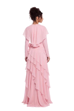 Pink Chiffon Cape Sleeve Tiered Ruffle Ruched Waist Maxi Evening Dress [erp-image:58b4ee46077b4f537cc0af2d]