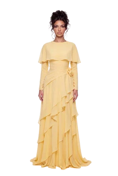 Pink Chiffon Cape Sleeve Tiered Ruffle Ruched Waist Maxi Evening Dress [erp-image:e79695d553ded8e0869e4321]
