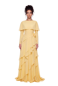 Pink Chiffon Cape Sleeve Tiered Ruffle Ruched Waist Maxi Evening Dress [erp-image:d86d149dcab2c7372b453c3b]