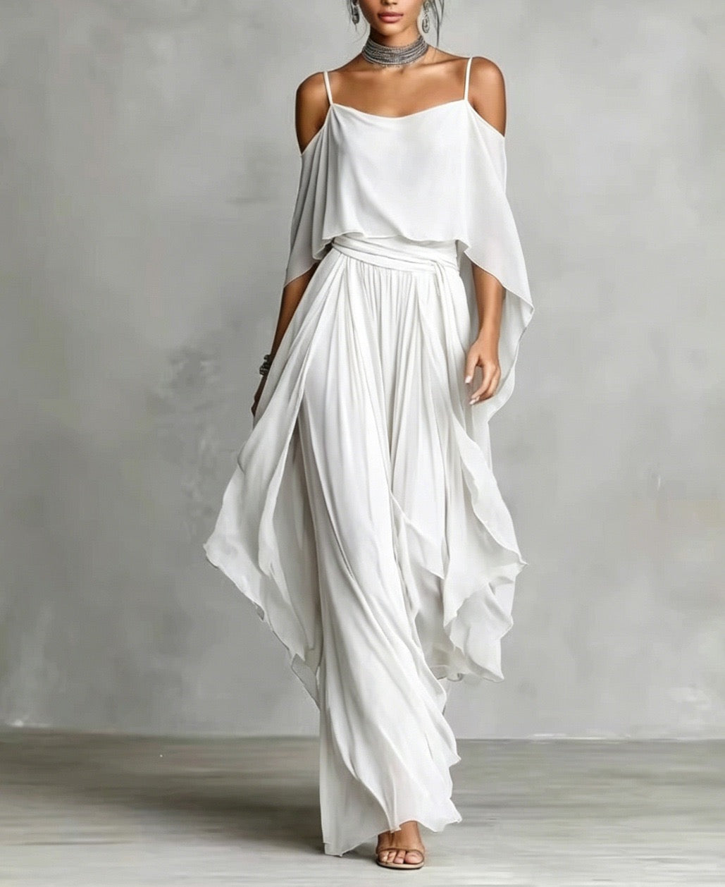 Elegant Off-Shoulder Chiffon Camisole & Wide-Leg Pants Two-Piece Set