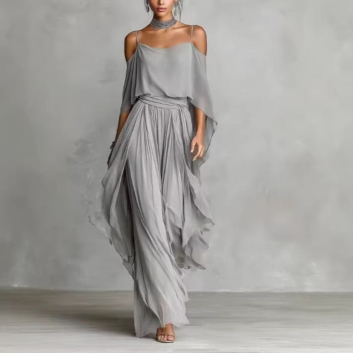 Elegant Off-Shoulder Chiffon Camisole & Wide-Leg Pants Two-Piece Set