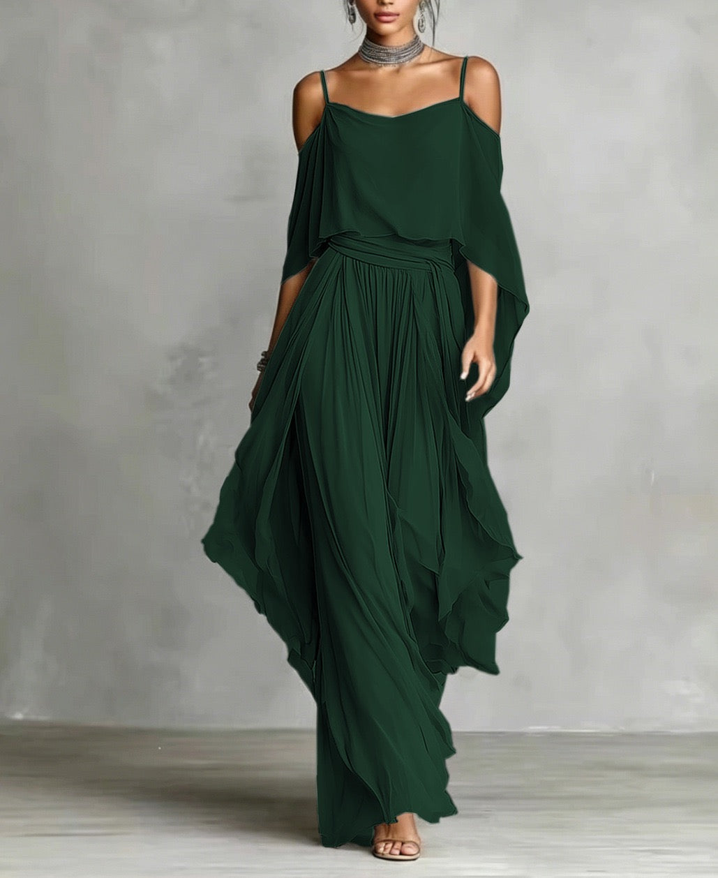 Elegant Off-Shoulder Chiffon Camisole & Wide-Leg Pants Two-Piece Set